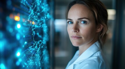 A woman in a lab coat stands beside glowing network server equipment, showcasing modern technology and innovation. The focus is on her determined expression and digital interfaces.