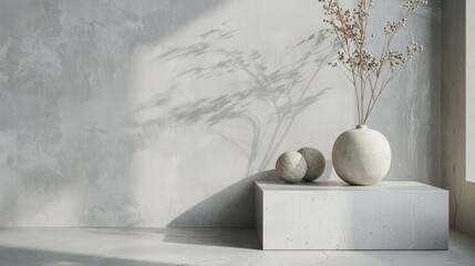 Minimalist Home Decor:  A serene and stylish still life showcasing a minimalist aesthetic.  A white concrete pedestal with a vase of dried flowers and two round orbs, bathed in soft.