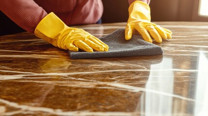  Manos con guantes amarillos limpiando y puliendo una superficie de mármol brillante en un ambiente interior.
