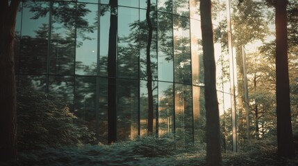 Fototapeta premium Reflective glass windows blend with the surrounding forest, merging architecture with nature in a serene, harmonious setting.