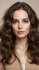 Fototapeta premium Portrait of a woman with voluminous, wavy brunette hair and a subtle makeup look, placed against a neutral background