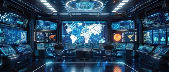 Modern Office Control Room with Global Internet Network Visualization