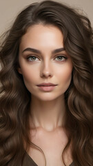 Portrait of a woman with voluminous, wavy brunette hair and a subtle makeup look, placed against a neutral background
