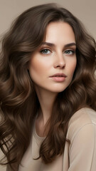 Naklejka premium Portrait of a woman with voluminous, wavy brunette hair and a subtle makeup look, placed against a neutral background