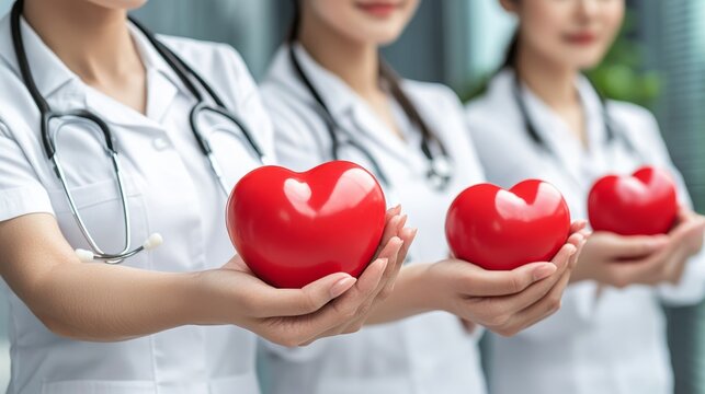  Grupo de m&eacute;dicos sosteniendo corazones rojos en las manos, simbolizando cuidado y compromiso con la salud.
