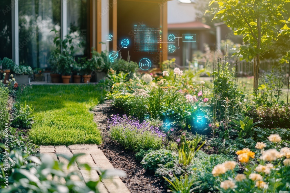 Poster This lush garden showcases advanced technology with automated sprinklers and soil sensors, thriving under warm spring sunlight. Generative AI
