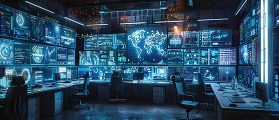 Modern Control Room with Global Network Visualization: Data Transfer and Telecommunications
