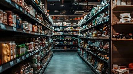 Fototapeta premium A grocery store aisle featuring neatly stocked shelves with a wide selection of products