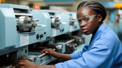 A female worker wearing safety glasses operates machinery in a factory.