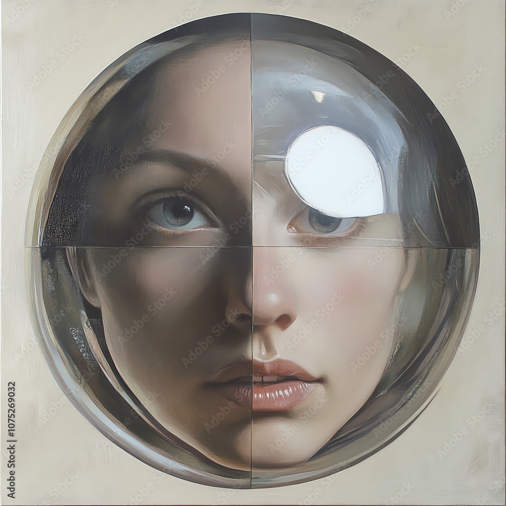 Poster a woman's face is partially obscured by a large, clear sphere, creating a sense of mystery and depth
