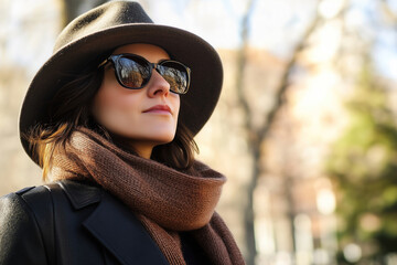 A fashionable woman enjoys a sunny day in a city park, wearing sunglasses and a stylish hat with a warm scarf in late autumn. Generative AI