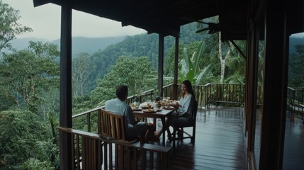 Naklejka premium A couple enjoys breakfast on a wooden terrace overlooking a lush rainforest, surrounded by greenery, creating an inviting and serene atmosphere.