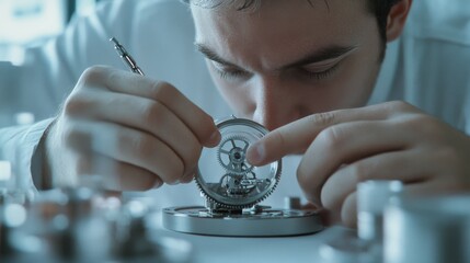 A focused watchmaker delicately adjusts gears on a timepiece, illustrating precision and expert craftsmanship.