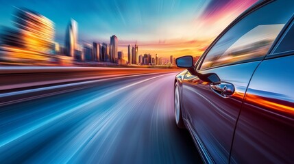 A car is speeding down a road with a city in the background.