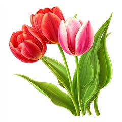 A vibrant bouquet of red and pink tulips with fresh green leaves evokes a sense of spring and beauty.