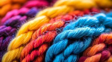 A close-up shot highlighting colorful, gently coiled yarn with soft, textured fibers. The natural lighting emphasizes the depth and intricacy of each strand