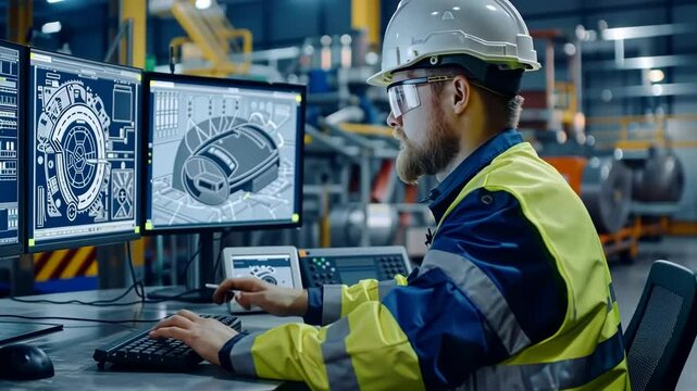 Engineer working on technical designs in a modern industrial facility during the day