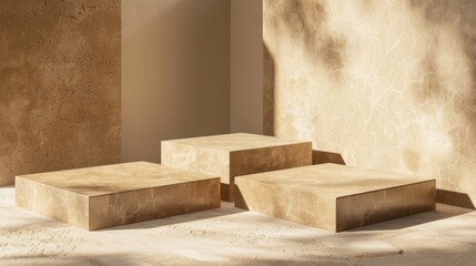 Earthy Elegance: Product display on minimalist beige stone podiums bathed in soft sunlight.  A serene and sophisticated setting for showcasing your brand. 