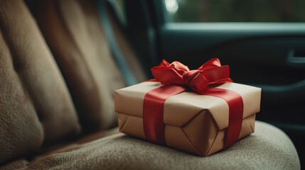 A beautifully wrapped gift box with a red ribbon sits on the seat of a car, capturing the elegance of thoughtful gifting and anticipation during travels.