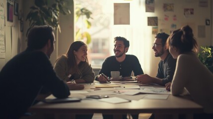 Fototapeta premium Enthusiastic team members share ideas in a bright, creative workspace, fostering innovation and collaboration around a light-filled table.