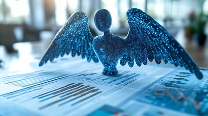A blue angel figurine with wings outstretched, standing on a table with graphs and charts printed on paper.