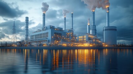 Obraz premium Industrial facility with smokestacks reflecting in water at dusk.