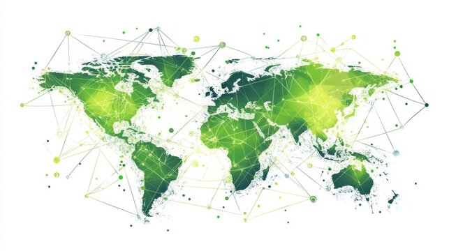 A futuristic map of Earth, showing a global social network. The image uses green and geometric designs, representing the interconnectedness of technology and the internet.