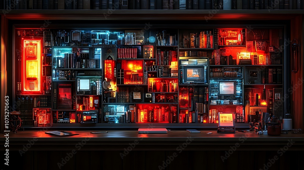 Poster a bookshelf filled with various objects, lit with warm and cool lighting.