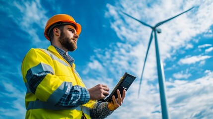Obraz premium A wind turbine stands tall against a bright blue sky, as a worker in safety gear inspects with a notebook, symbolizing sustainable energy.