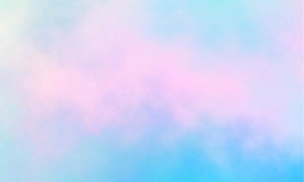 Colorful watercolor background of abstract sunset sky with puffy clouds in pastel rainbow colors of pink blue yellow orange and