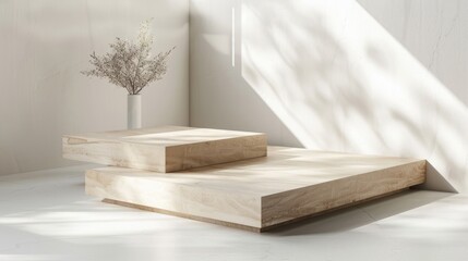 Minimalist Wooden Podium in a Sunlit Room: A simple yet elegant composition featuring two wooden podiums, bathed in the soft glow of natural light.