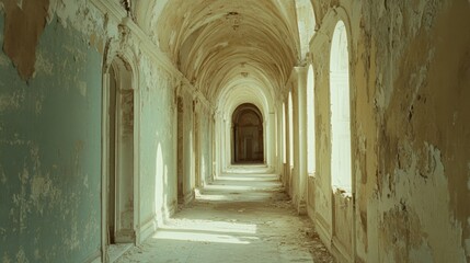 Fototapeta premium An abandoned corridor, bathed in soft daylight filtering through arched windows, unfolds in eerie silence, whispering stories of forgotten pasts.