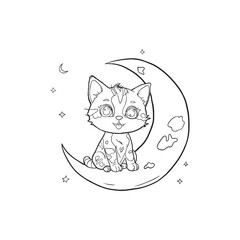 cute cat cartoon in the moon coloring page illustration