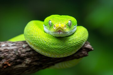 Fototapeta premium A snake coiled around a tree branch, blending into the jungle background with its natural camouflage
