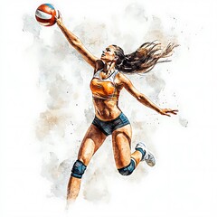 Watercolor Illustration of a Female Volleyball Player in Mid-Air.