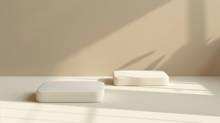 Minimalist Product Display: Two clean white square platforms stand side-by-side in front of a light brown wall, bathed in soft sunlight streaming through a window.
