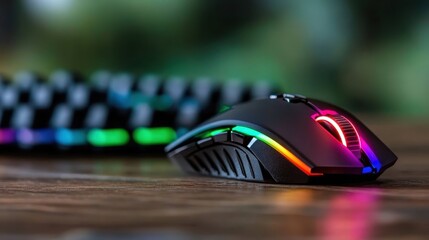 A close-up of a sleek gaming mouse highlights its vibrant RGB lighting; it rests against a backdrop of blurred keyboard lights, conveying modern tech aesthetics.