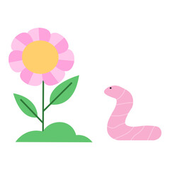 A cute, animated pink worm and a vibrant pink flower in a simple garden setting