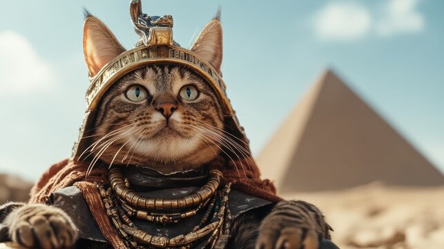 A majestic cat donning ancient Egyptian headdress and ornaments poses proudly with a backdrop of pyramids, capturing the essence of feline royalty and historical grandeur.