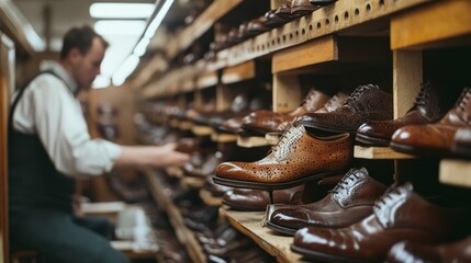 Rows of polished, leather shoes line wooden shelves in a traditional cobbler's shop, reflecting timeless craftsmanship and meticulous organization.