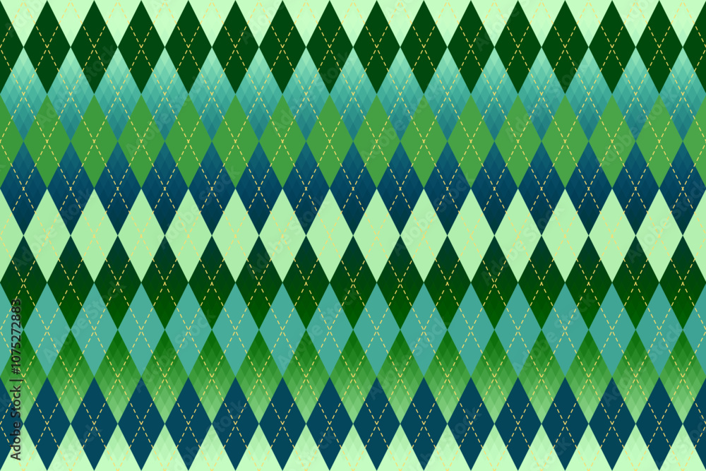 Poster argyle vector pattern. dark green with thin slim golden dotted line. seamless vivid geometric backgr