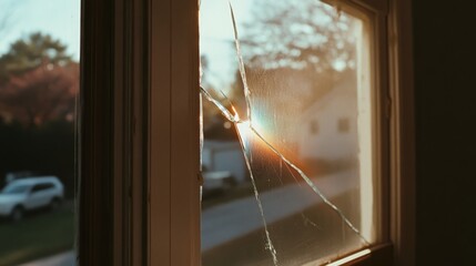 Sunlight streams through a cracked window, revealing a suburban street outside, merging warmth with imperfection.