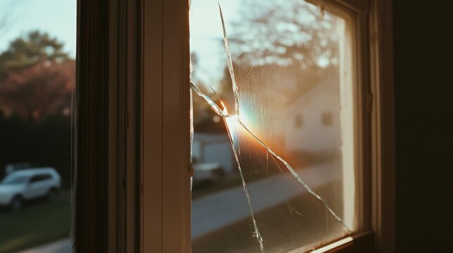 Sunlight streams through a cracked window, revealing a suburban street outside, merging warmth with imperfection.