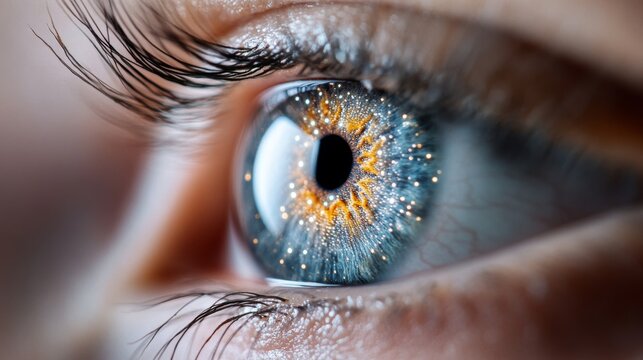 Fototapeta A mesmerizing close-up of an eye captures intricate patterns and vibrant colors, reflecting a universe of detail in its brilliant gaze.
