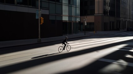 A lone cyclist rides through the city, blending stark shadows and light, creating a dramatic interplay of shapes and solitude in an urban setting.