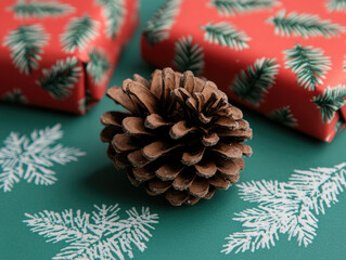 Fototapeta premium A pine cone on green wrapping paper with festive red and green holiday decorations.