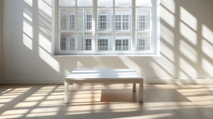 Fototapeta premium A solitary white table basks in sunlight by a large window, exhibiting a peaceful, minimalistic charm.