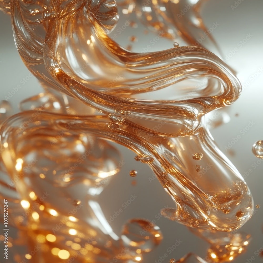 Poster abstract background with transparent golden liquid fluid waves in dynamic motion. 3d render