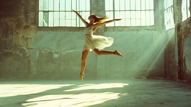 Graceful ballerina frozen mid-leap in an abandoned warehouse, lit by streams of sunlight, embodying elegance and freedom.