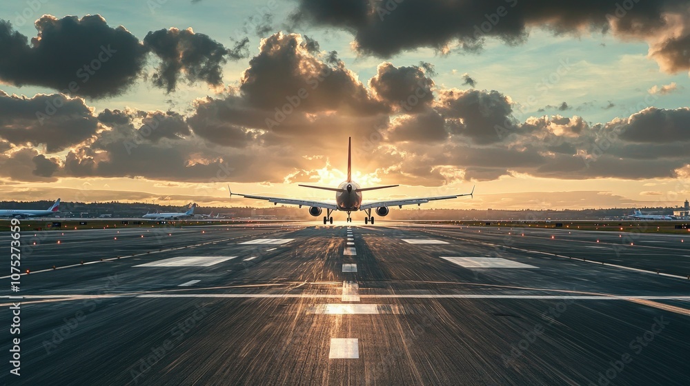 Poster an airport runway with planes taking off and landing, supported by efficient transportation infrastr